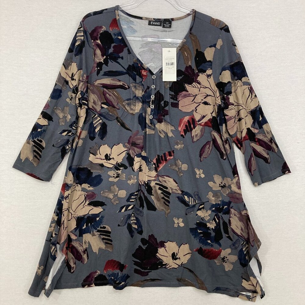 New Evans size XL/16‎ Gray Tan Floral V Neck Pintuck Stretch 3/4 Sleeve Tunic